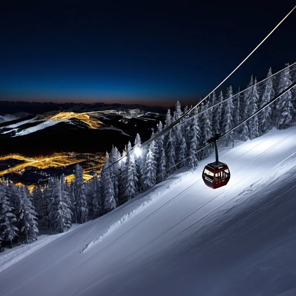 Prompt: CABLE CAR on ski hill at night