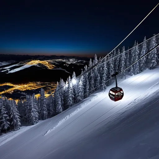 Prompt: CABLE CAR on ski hill at night