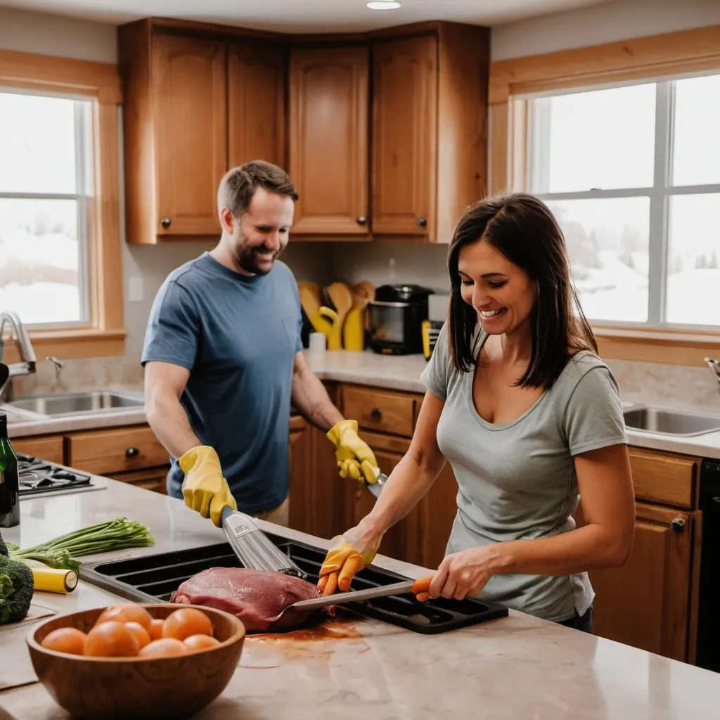 Prompt: a woman in utah making dinner while her husband is cleaning the kitchen