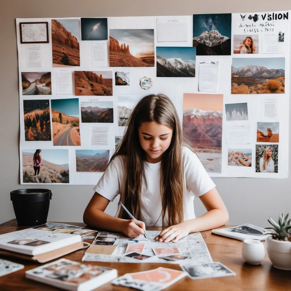 Prompt: a girl in utah creating her vision board which includes getting an education