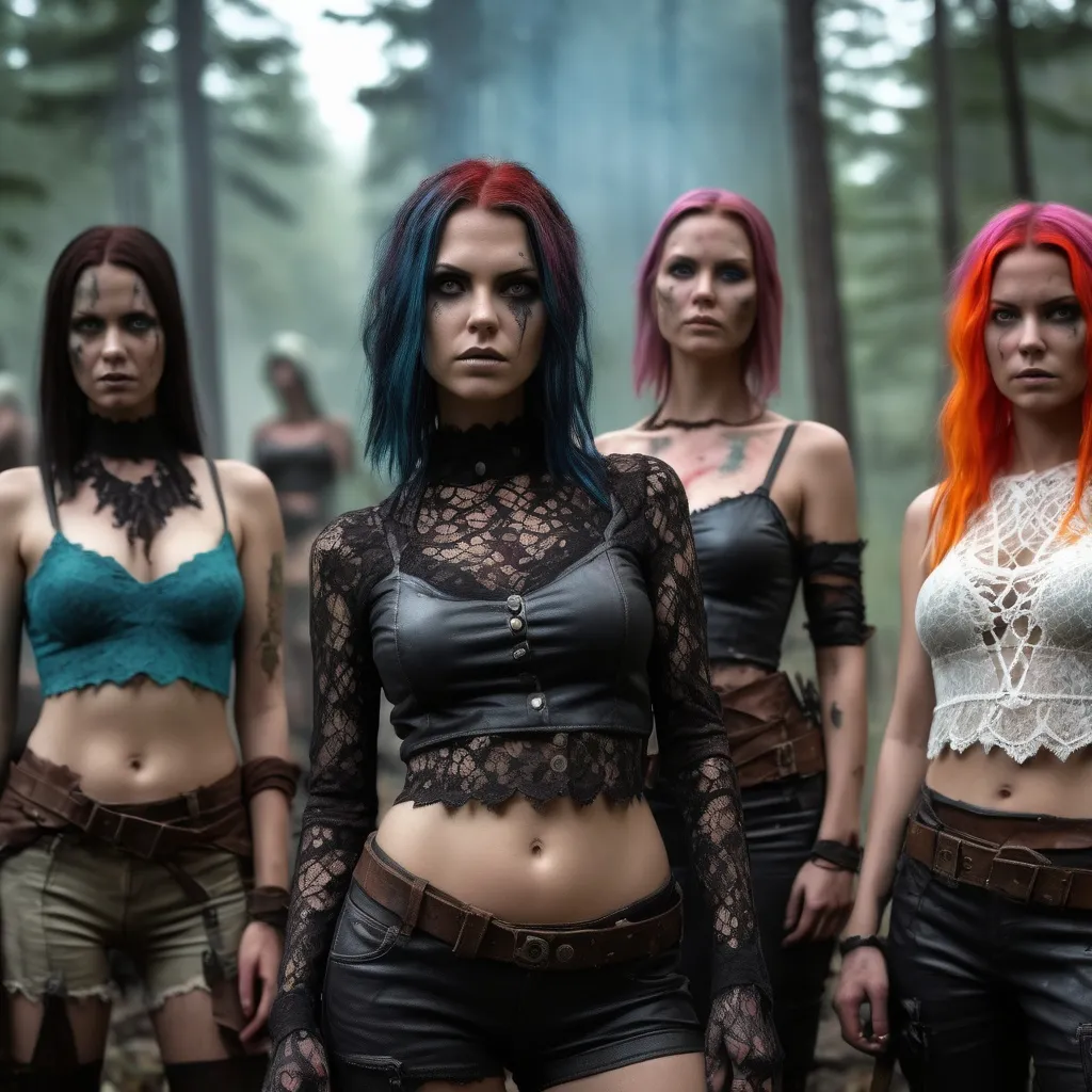 Prompt: 4k , high resolution, artistic ,fantasy cult ,modeling , dark cult ,nature , woman survivors , survivor camp,post war, fantasy apocalypse, colorful, beautiful,team, lace and leather clothing