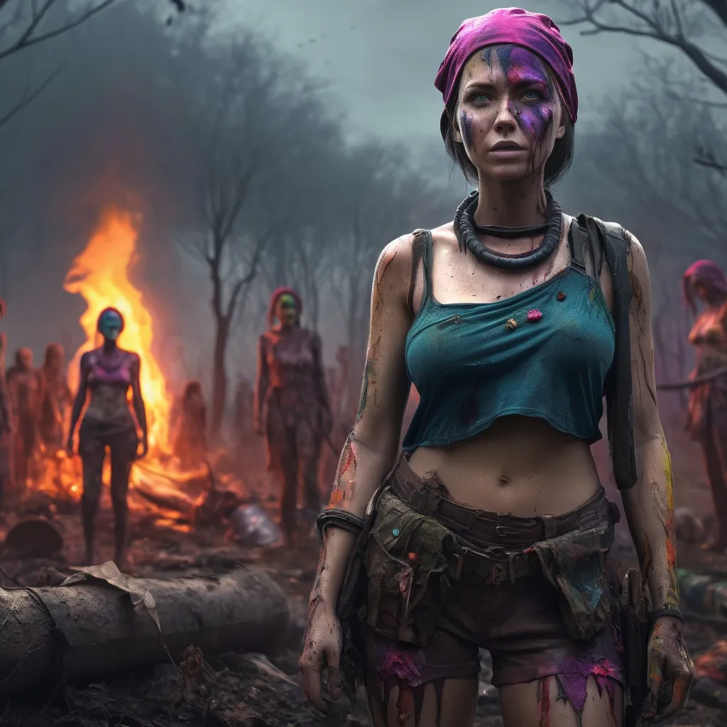 Prompt: 4k , high resolution, artistic ,fantasy ,modeling , dark color ,nature , woman survivors , survivor camp,post war, fantasy apocalypse, colorful,