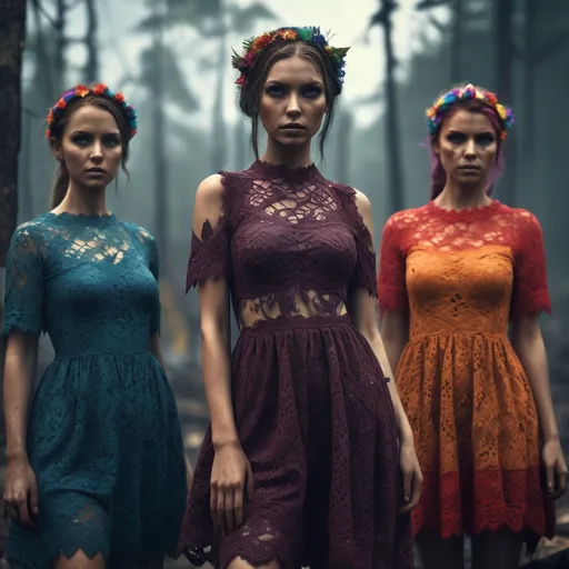 Prompt: 4k , high resolution, artistic ,fantasy ,modeling , dark color ,nature , woman survivors , survivor camp,post war, fantasy apocalypse, colorful, beautiful,team, lace clothing