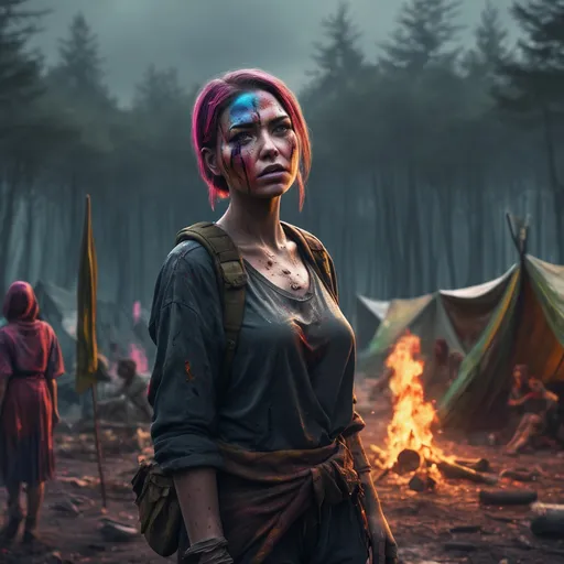 Prompt: 4k , high resolution, artistic ,fantasy ,modeling , dark color ,nature , woman survivors , survivor camp,post war, fantasy apocalypse, colorful,