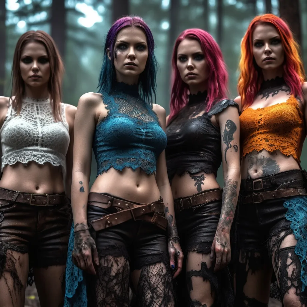 Prompt: 4k , high resolution, artistic ,fantasy cult ,modeling , dark cult ,nature , woman survivors , survivor camp,post war, fantasy apocalypse, colorful, beautiful,team, lace and leather clothing