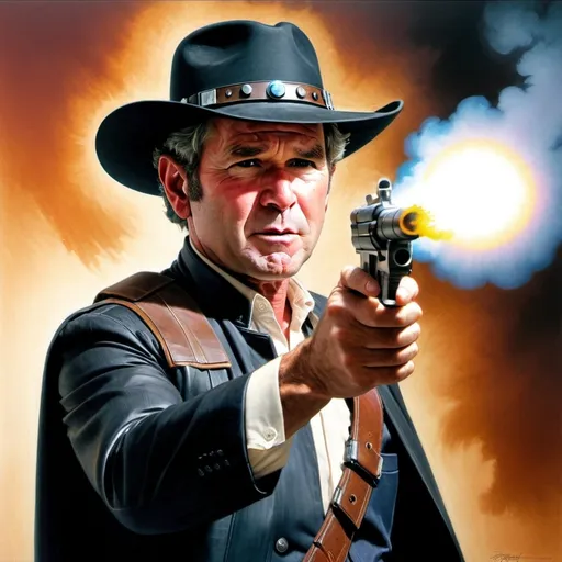 Prompt: George W. Bush Jr. is dressed as Han solo with with black cowboy hat. He is blowing the smoke off his lazer pistol and looks cocky.