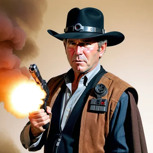 Prompt: George W. Bush Jr. is dressed as Han solo with with black cowboy hat. He is blowing the smoke off his lazer pistol and looks cocky.