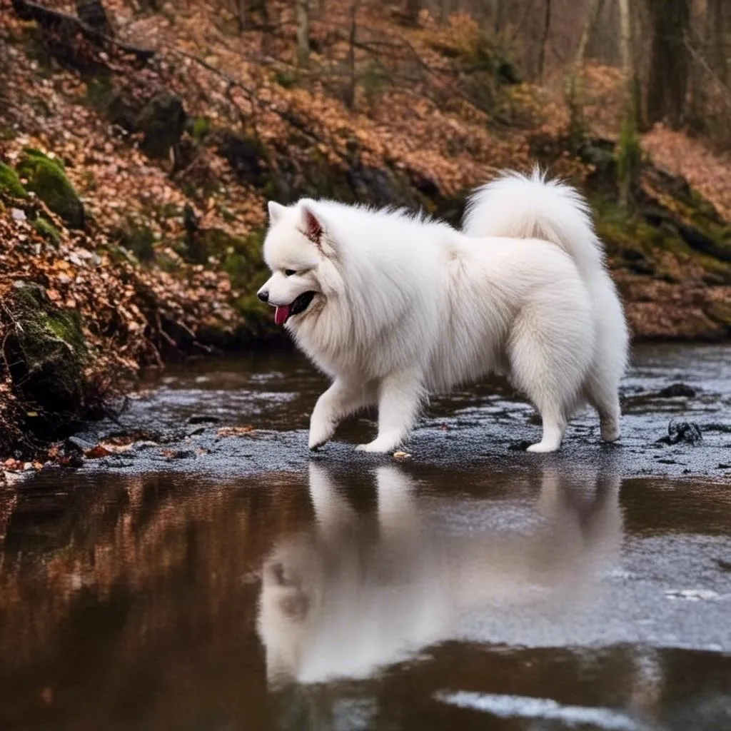 Prompt: <mymodel> A samoyed emerging from the river.