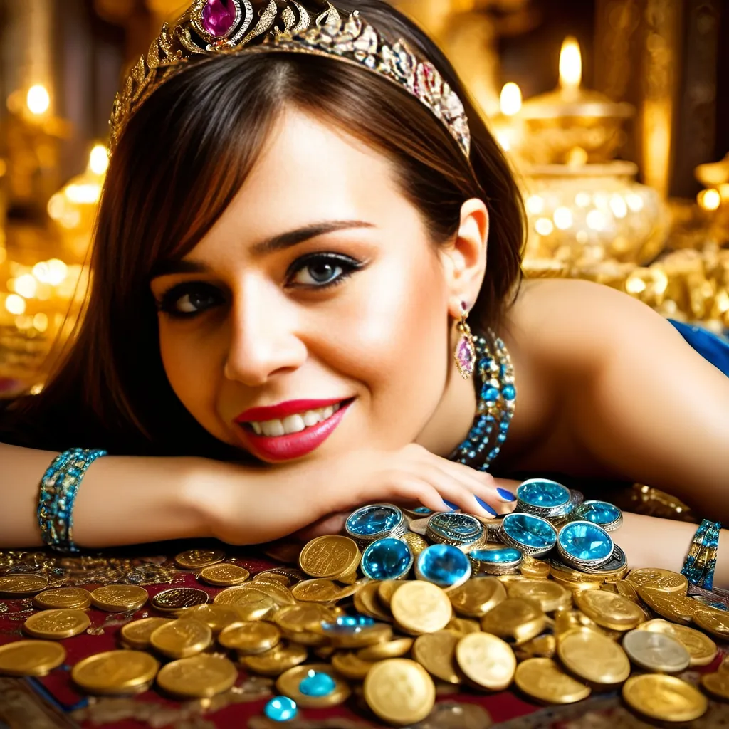 Prompt: (young and beautiful oriental princess), (blue eyed), adorned in intricate diamond jewelry and colorful rings, lying gracefully on the floor of an opulent treasure room, overflowing with (gleaming golden items), sparkling gold coins, surrounded by majestic castle features, infused with a cheerful and magical atmosphere, soft warm lighting, ultra-detailed, cinematic composition.