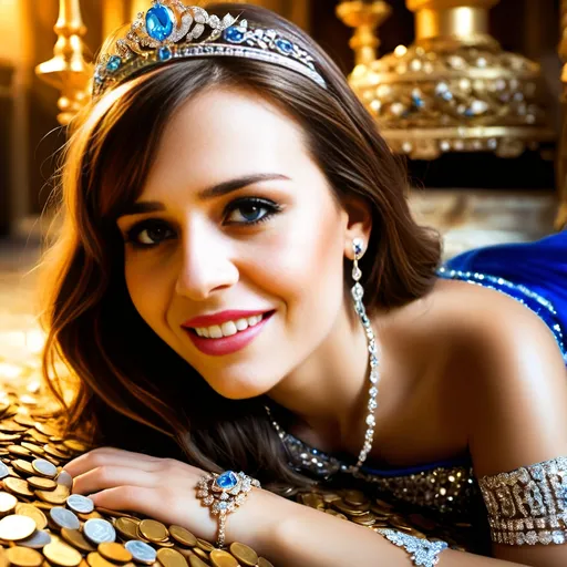 Prompt: (young and beautiful queen), blue eyes, diamond tiara, exquisite jewelry, lying on the floor, treasure room, gleaming golden items, gold coins piled high, (castle) backdrop, (happy atmosphere), sunlight filtering through, warm and vibrant colors, luxurious textures, (ultra-detailed), captivating scene, opulent setting, magical ambiance.