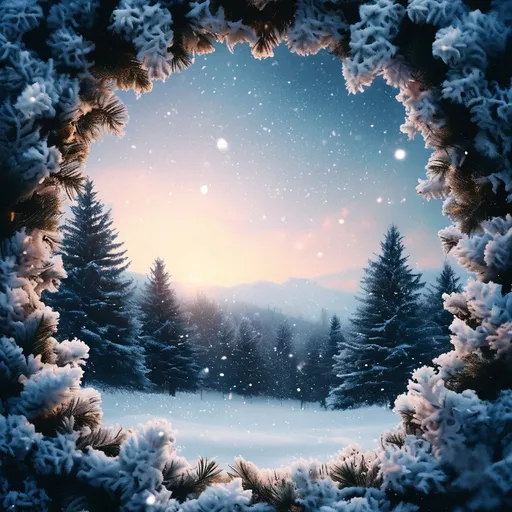 Prompt: a backdrop of a winter wonderland setting. It should look like a logo. It is under a starlit sky. The picture is in a circular frame.