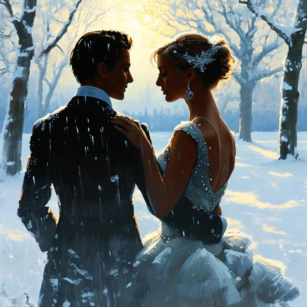 Prompt: a silhouette of two ballroom dancers in front of a winter wonderland setting. The phrase, "Indiana Winter Gala 2025" is written above their heads.