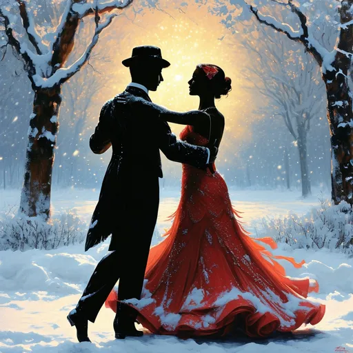 Prompt: a silhouette of two ballroom dancers in front of a winter wonderland setting. The phrase, "Indiana Winter Gala 2025" is written above their heads. It should look like a logo. They are dancing under a starlit sky.