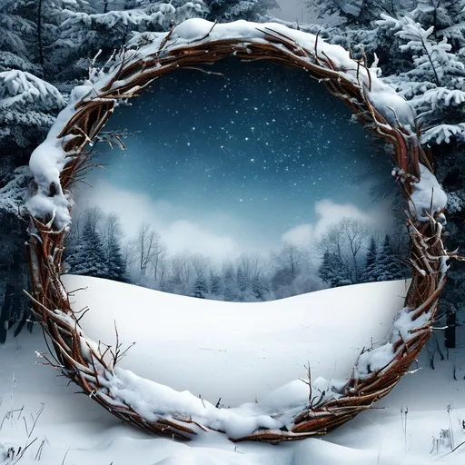 Prompt: a backdrop of a winter wonderland setting. It should look like a logo. It is under a starlit sky. The picture is in a circular frame.