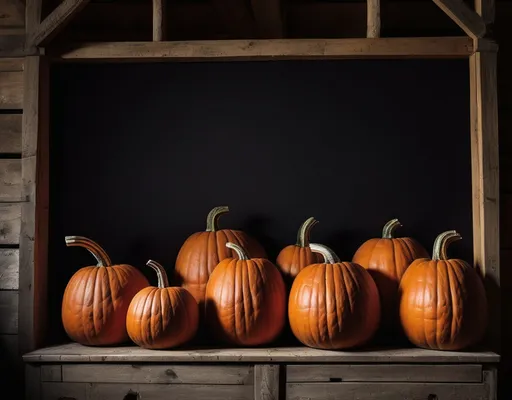 Prompt: Pumpkins in the style of Rembrant  in a barn