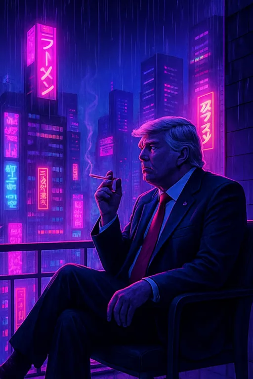 Prompt: synthwave art, Donald Trump relaxing and smoking a cigarette on a Tokyo skyscraper balcony, rainy cityskape at night, neon signs, 
