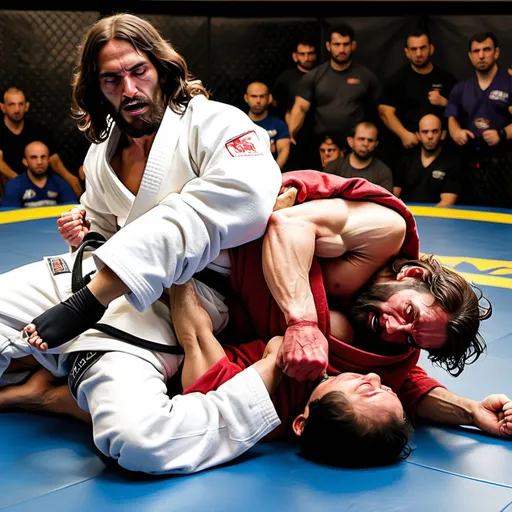 Prompt: JESUS ARMBARs THE DEVIL In Jiu Jitsu
And submits him and the devil taps out