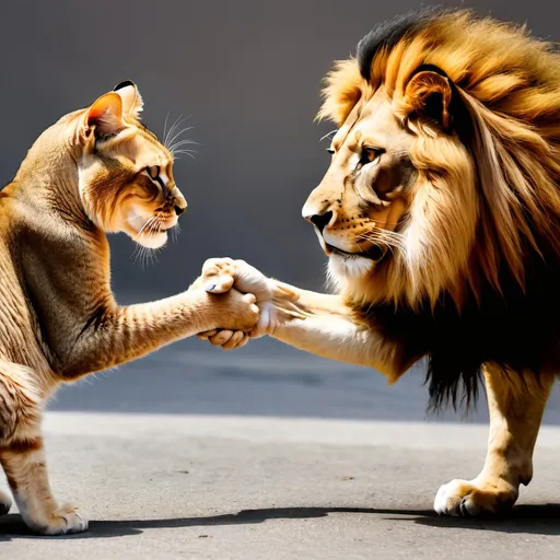 Prompt: A lion and a cat handshaking