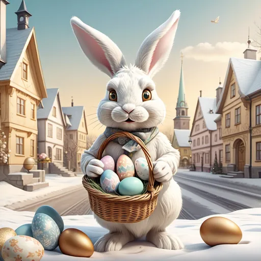 Prompt: vintage illustration of white Easter bunny with basket full easter eggs, pastel colors, detailed golden decorations, with a winter town on the background, highly detail image, 4k 