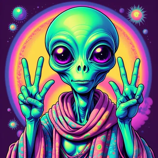 Prompt: trippy alien wearing a pashmina holding up thepeace sign