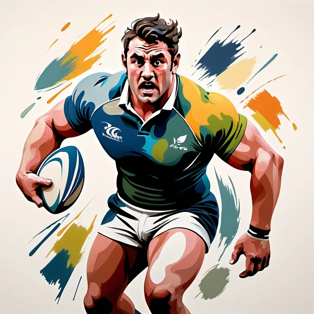 Prompt: A abstract colorful painting of a handsome and brutish-looking male rugby player that has an exaggerated squarish form, running with the ball.