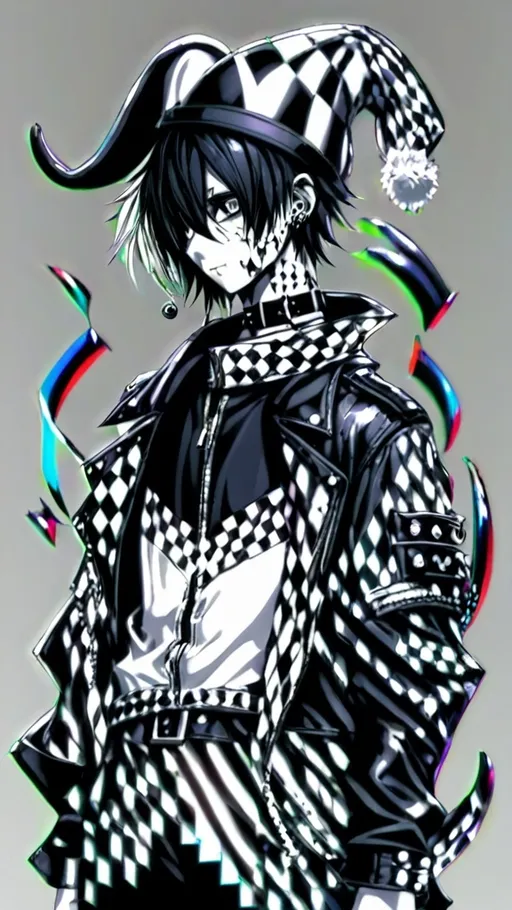 Prompt: (profile art of an anime emo jester boy), (glitch effect), (static noise), black and white rabbit ears with piercings and a jester hat, black short shiny hair with silver streaks, light skin, wearing a leather jacket, black shirt, black choker, (high contrast), (digital art), (vibrant details), (4K quality), minimalist white background.