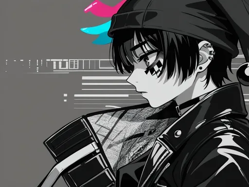 Prompt: (profile art of an anime emo jester boy), (glitch effect), (static noise), black and white rabbit ears with piercings and a jester hat, black short shiny hair with silver streaks, light skin, wearing a leather jacket, black shirt, black choker, (high contrast), (digital art), (vibrant details), minimalist white background.