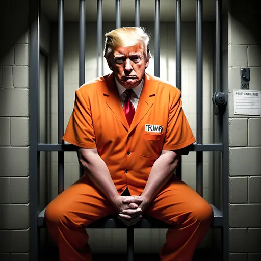 Prompt: Title: "Locked Up or Locked Out?"
Scene:

Main Character: Donald Trump sits inside a cartoonish jail cell, wearing a bright orange jumpsuit with “45” on it and a red tie. His expression is a mix of defiance and frustration, perhaps with arms crossed or gesturing dramatically.

Cell Details: The bars of the cell are exaggeratedly bent for a humorous effect. A small window lets in a beam of light, suggesting a “golden” opportunity just out of reach.

Background Characters:

Protesters: A group of serious-looking protesters stands outside the cell, holding signs like “Justice Served!” and “No One is Above the Law.” They have determined expressions, adding to the scene’s tension.
Media: A reporter with a microphone stands nearby, looking puzzled and ready to get a statement, with a camera crew filming the scene.
Caption: “Seems like he’s finally hit a wall he can’t scale!”