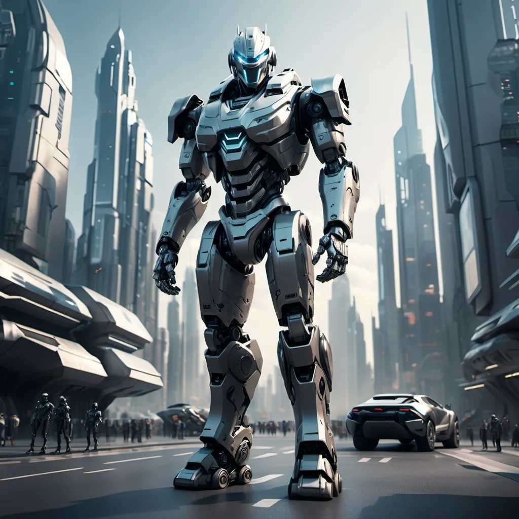 Prompt: armored robot, standing by a futuristic city, full-body, cinematic render, saying you need to see this,