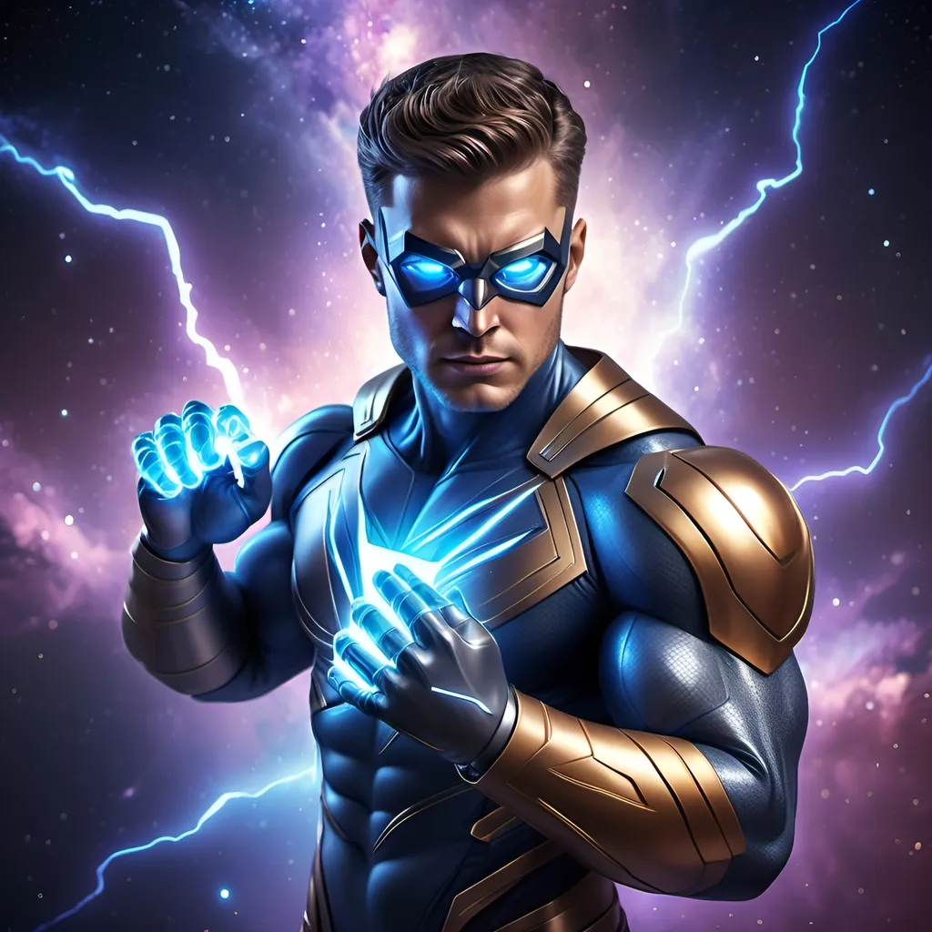 Prompt: hyper-realistic super hero character with electric hands, fantasy character art, illustration, galaxy background