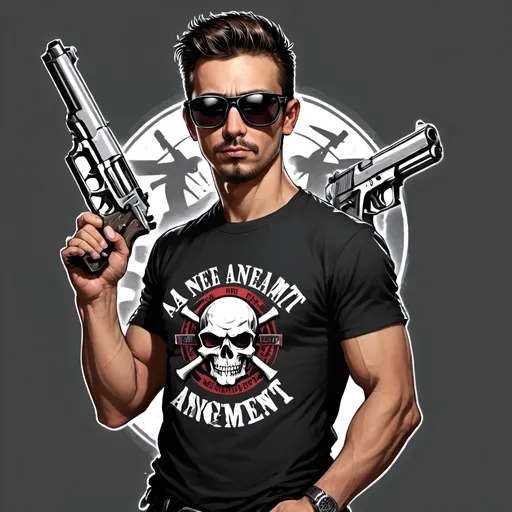 Prompt: a cool guy with sunglasses holding a gun in each hand, type 2nd amendment in background,