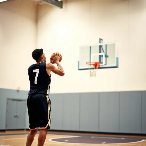 Prompt: a basketball player with jersey number 7, at a basketball court, shooting the ball behind the 3 point line, angle so you can see the guy at the 3 point line an be able to see the hoop