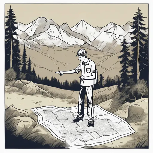 Prompt: lucky guy points his finger at a hole in the ground, has a map in one hand, wooded background near mountains,