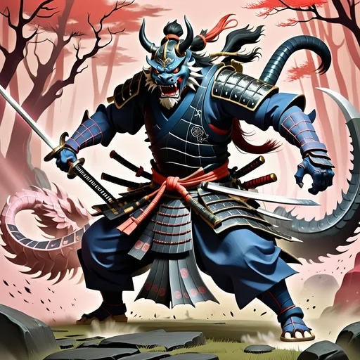 Prompt: a samurai with full outfit on battling a mystical beast with a sword