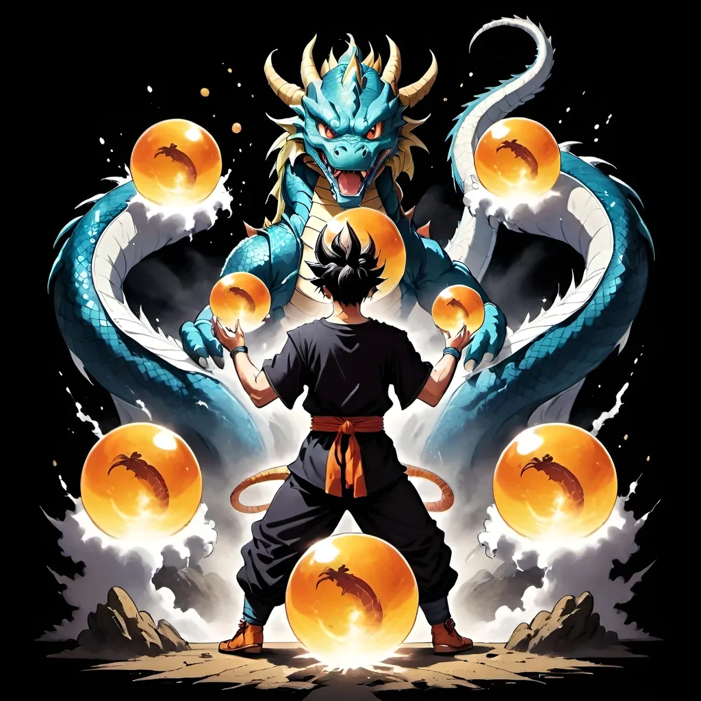 Prompt: a person summoning a dragon from dragonballs to make a wish, full mystical back ground