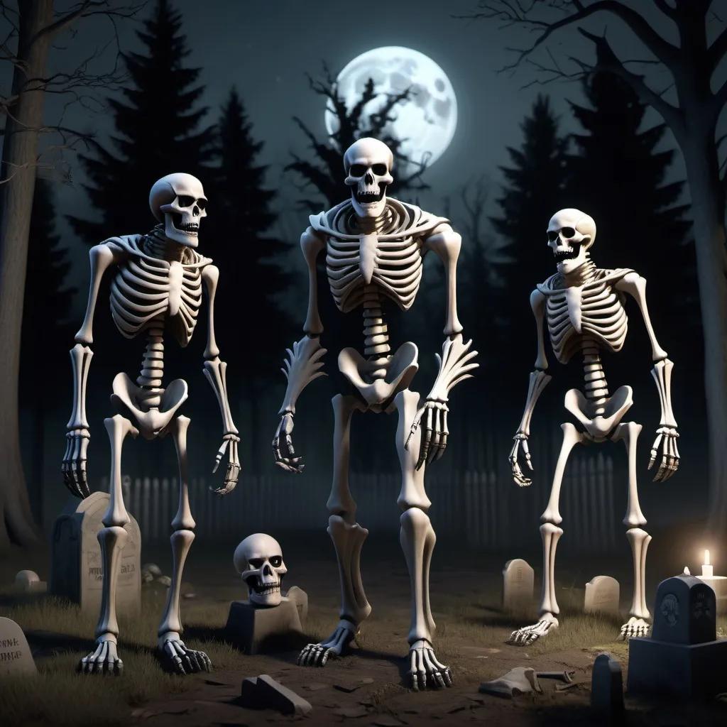 Prompt: 1 monster, 1 skeleton, 1 werewolf, full-body, cinematic render, spooky wooded area by a cemetery with a full moon in the background,