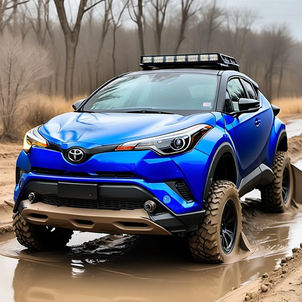 Prompt: Toyota CHR 2020 blue,  off road build, with off roading equipment. Full custom build. Modified. Grill guards. Off road bumper. Mud flaps. Off road lights