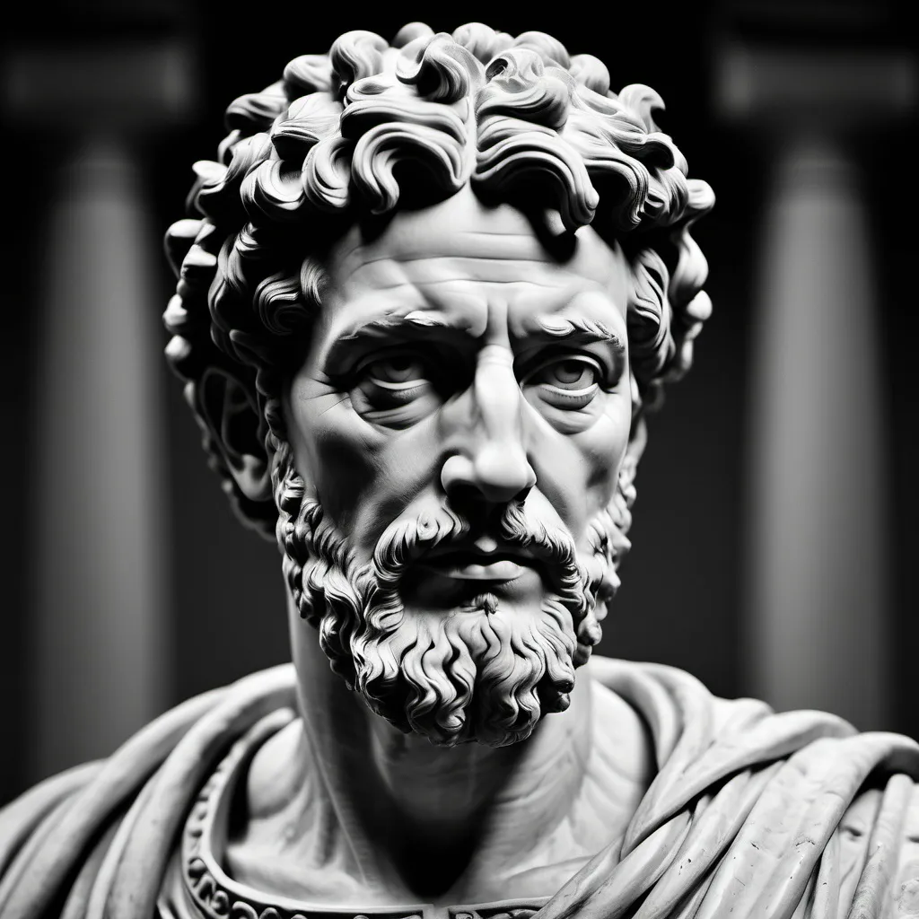 Prompt: "a portrait of the stoic marcus aurelius, in the style of film photograph, black and white, film grain, highly detailed, masterpiece, realistic, soft lights, cinematic