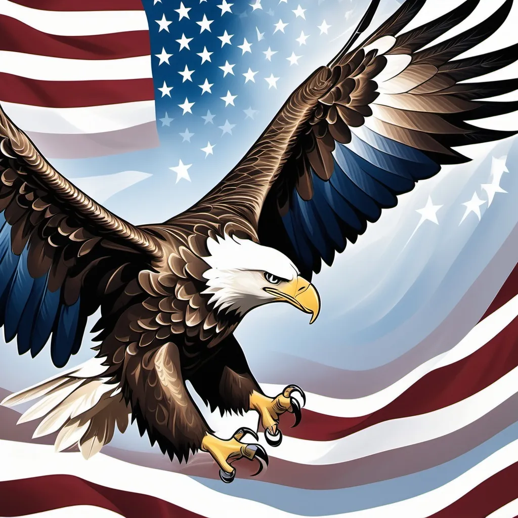 Prompt: Imagine a majestic bald eagle emerging from the fabric of the American flag, its wings spread wide, as if soaring through the sky. The eagle's feathers are rendered in a subtle gradient of blues and whites, reminiscent of the flag's colors. The stars and stripes of the flag are woven seamlessly into the eagle's plumage, creating a stunning visual representation of freedom and patriotism.
In the foreground, the American flag's stars and stripes unfold, creating a dynamic sense of movement and energy. The eagle's beak and claws are formed from the flag's fabric, as if it has burst forth from the very material of the nation.