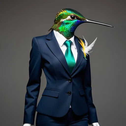 Prompt: a vibrant Jamaican hummingbird Bird with its iridescent green and blue feathers. Its head is elegantly placed atop a women tailored dark navy blue business suit, complete with white blouse.