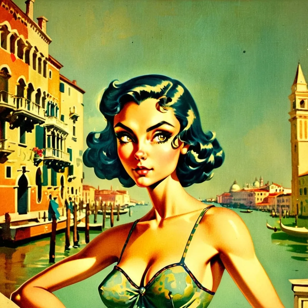 Prompt: Lady in Venice in 1920 semi portrait , in the style of Jack Kirby and Wally Wood, 1940s vintage comic, faded colors