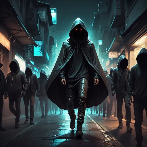 Prompt: a man in a hooded outfit levitating through a street in a city at night with a lot of people, Altichiero, fantasy art, dark night, cyberpunk art