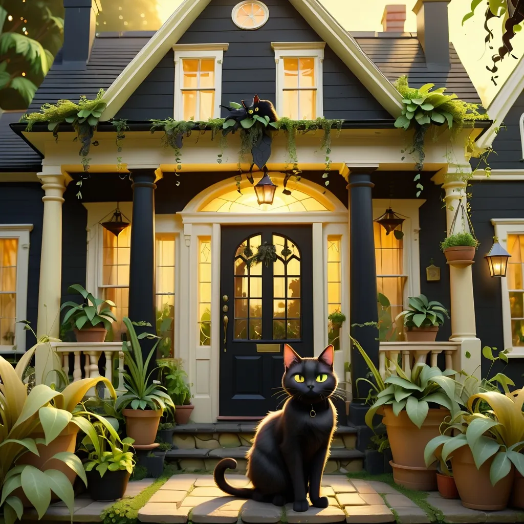 Prompt: (warm theme), blonde-haired witch, (adorable black cat), standing in front of a Georgian house, soft golden light illuminating surroundings, lush greenery framing the house, whimsical atmosphere, inviting porch with hanging plants, enchanting background details, high depth, (ultra-detailed), showcasing a magical evening scene, blended with earthy tones and comforting vibes.