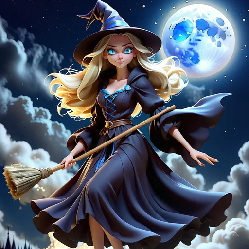 Prompt: (Blonde witch with blue eyes on a broom), set against a luminous full moon, (dramatic night sky) filled with twinkling stars, encircled by wisps of cloud, (magical atmosphere) casting an enchanting glow, with the broomstick detailed and dynamic, the witch clad in flowing robes, (highly detailed, 4K) capturing a mystical yet whimsical ambiance.