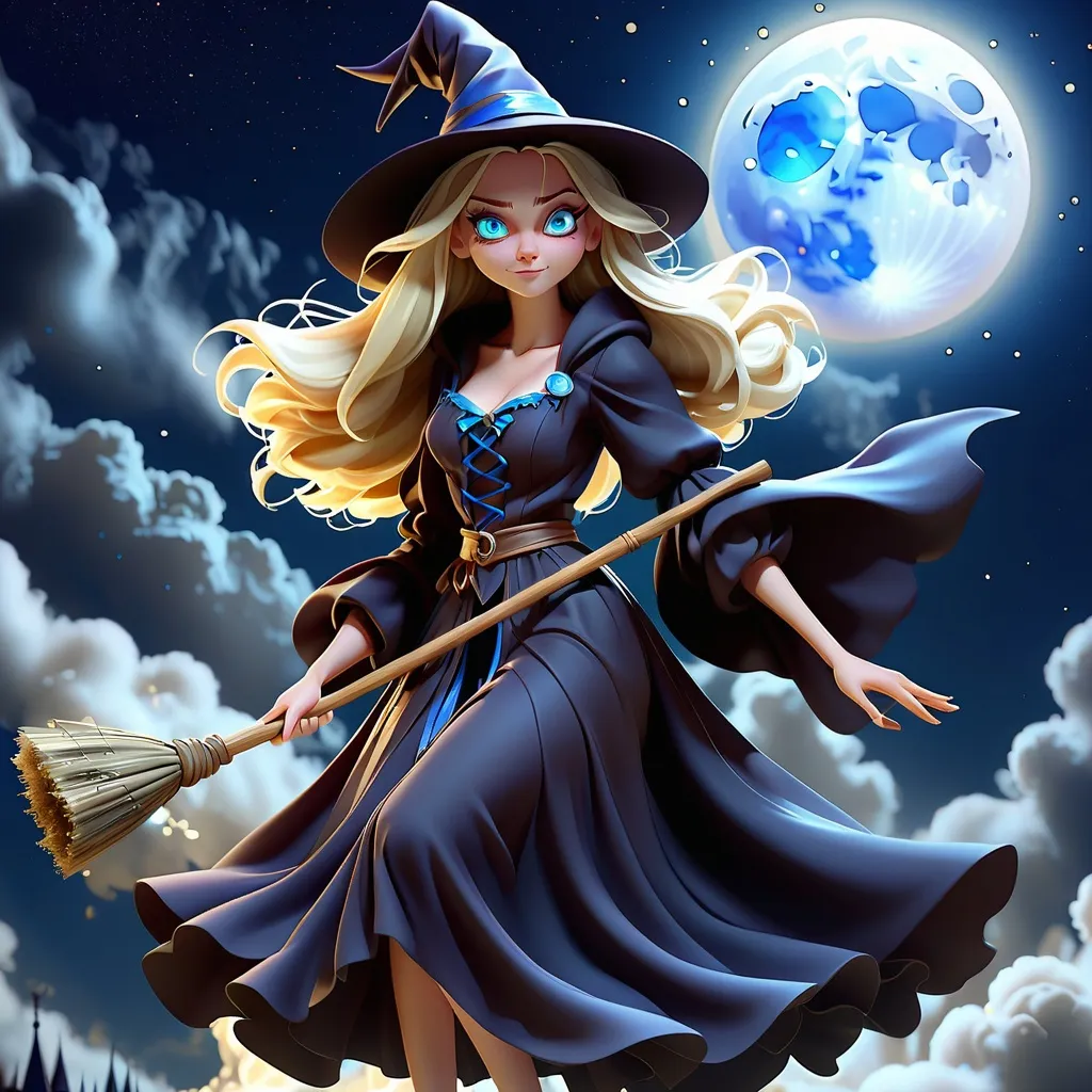 Prompt: (Blonde witch with blue eyes on a broom), set against a luminous full moon, (dramatic night sky) filled with twinkling stars, encircled by wisps of cloud, (magical atmosphere) casting an enchanting glow, with the broomstick detailed and dynamic, the witch clad in flowing robes, (highly detailed, 4K) capturing a mystical yet whimsical ambiance.