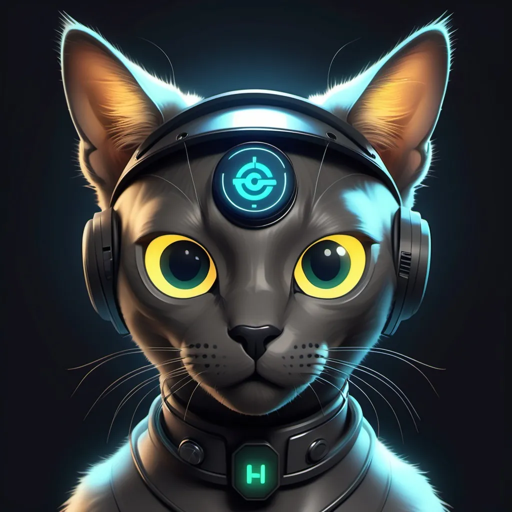 Prompt: The cat should have a futuristic look with glowing eyes and subtle tech features like circuits or a small digital visor. Use earthy tones to represent farming, combined with sleek metallic or neon colors to symbolize technology. The cat should appear smart, playful, and approachable, fitting for an AI farming companion in a crypto airdrop. Keep the design simple and visually appealing add high quality of Fluff, Meowthereum, Whisker. Add a face cap with the ($CATS) phrase on it