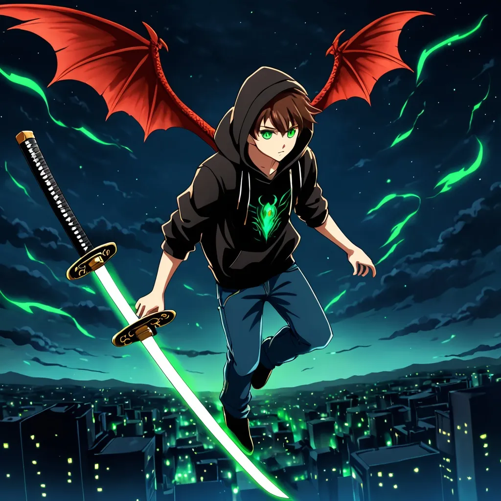 Prompt: Teen boy with dragon wings. Red wings, brown hair, Black hoodie, Sleeveless hoodie, Blue jeans, Flying, Hood up, in sky, Full body shot, glowing eyes, Green eyes, night, anime style,2 Floating black katana, near boy, black blade, green Glowing katana