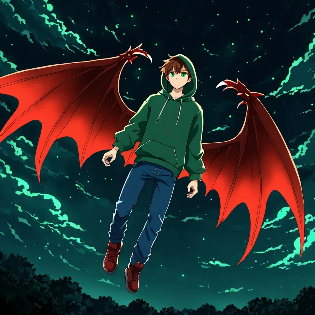 Prompt: Teen boy with dragon wings. Red wings, brown hair, Dark green hoodie, Blue jeans, Flying, Hood up, in sky, Full body shot, glowing eyes, Green eyes, night, anime style,