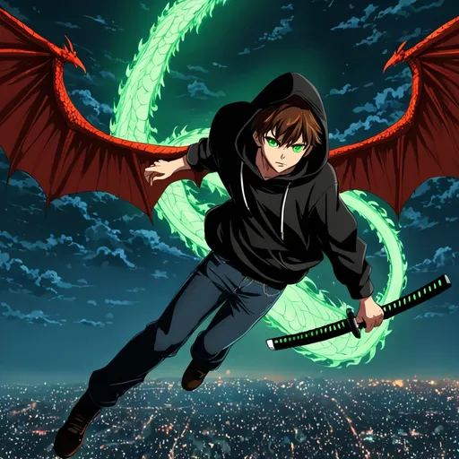 Prompt: Teen boy with dragon wings. Red wings, brown hair, Black hoodie, Sleeveless hoodie, Blue jeans, Flying, Hood up, in sky, Full body shot, glowing eyes, Green eyes, night, anime style,2 Floating black katana, near boy, black blade, green Glowing katana. Detailed face,