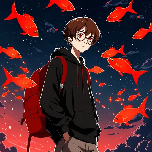 Prompt: A teen boy with saggy clothes and tired eyes, Black hoodie, brown hair, round glasses, looking at viewer, backpack, tall and thin body, anime style, red glow, in sky, flying, red glowing fish all around, Flouting fish, Red glow, Bow in hand, Red bow, Large bow